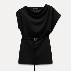 ZARA ASYMMETRICAL NECKLINE BELTED TOP